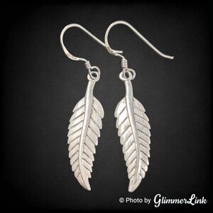 Long Detailed Feather 925 Sterling Silver Dangle Pierced Earrings